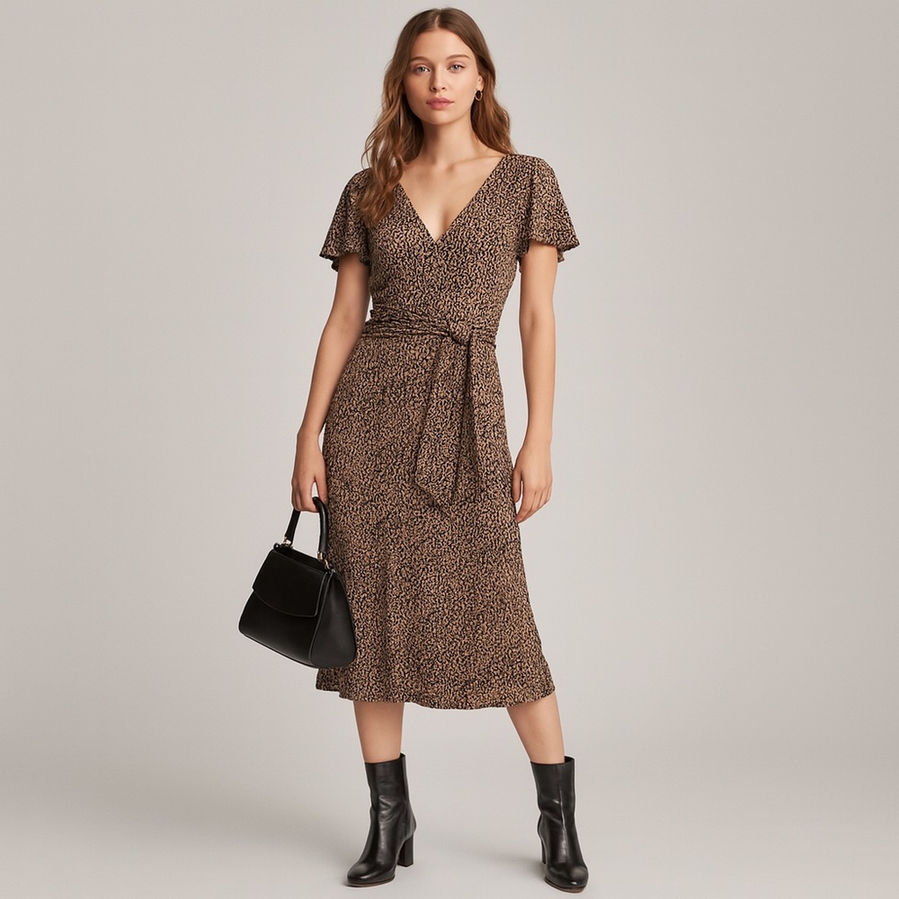 VTG Traces by Tracy Evans Flirty Animal Print Midi Length Dress with Tie Sash